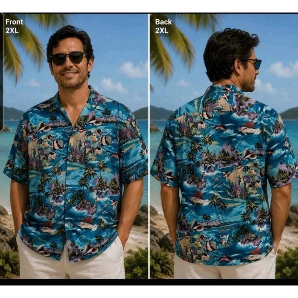 Vintage RJC Hawaiian Shirt 2XL Tropical Fish Reef Print Aloha Resort Hawaii Made